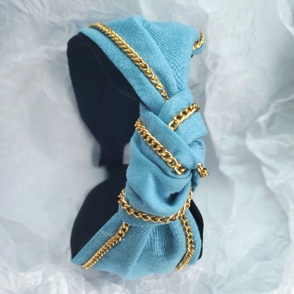 Chic Blue and Black Padded Hairband with Gold Trim